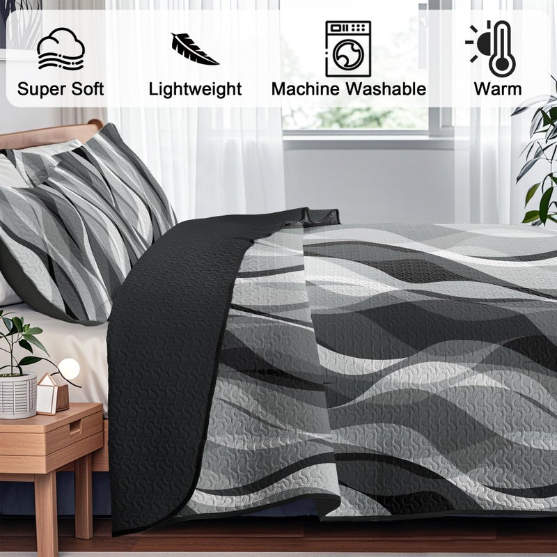 weesire Classic Line Pattern Bedding Quilt Queen Size Modern Grey Black and White Stripe Quilt with 2 Shams  Gray and White Comforter Sets Lightweight Breathable Bedspreads Coverlet  90''x96'' - Image 4